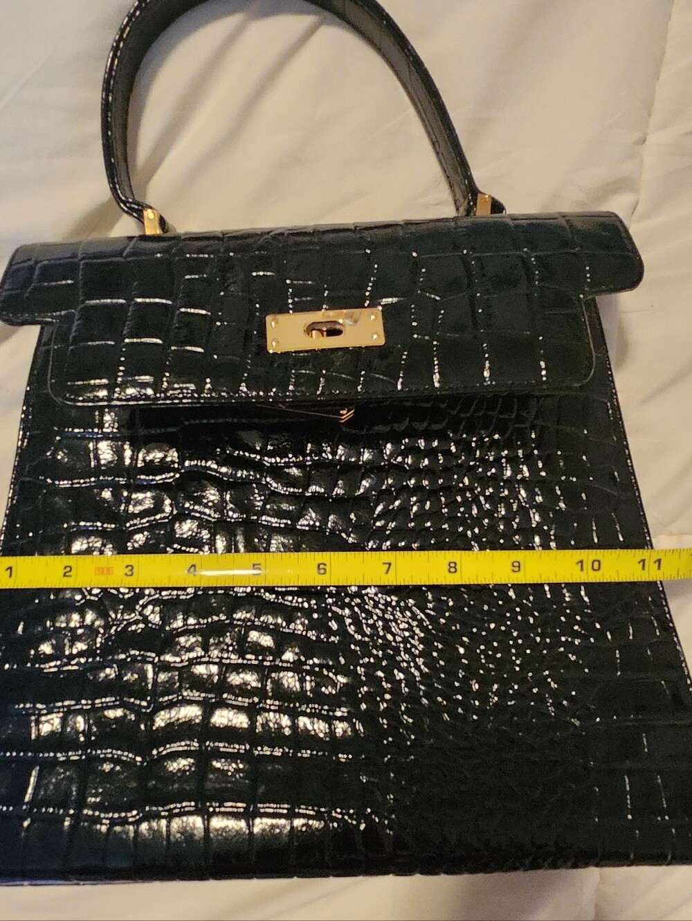Large Glossy Black Croc-Embossed Top-Handle Bag - Picture 3 of 13